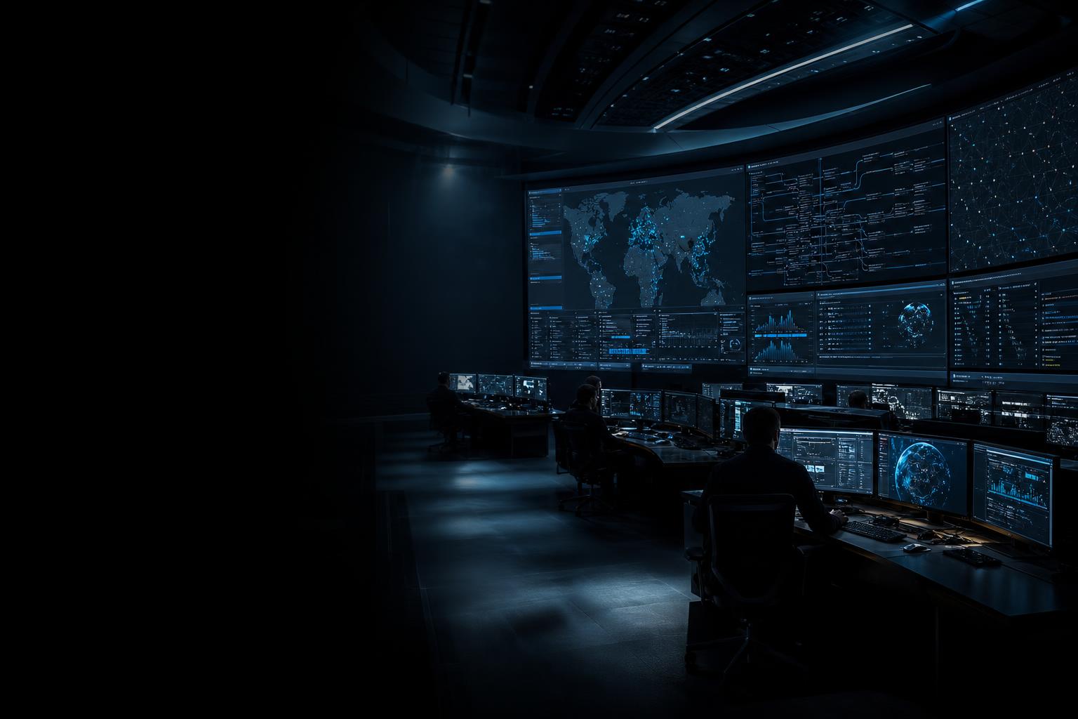 Cybersecurity command center with global threat telemetry on display walls